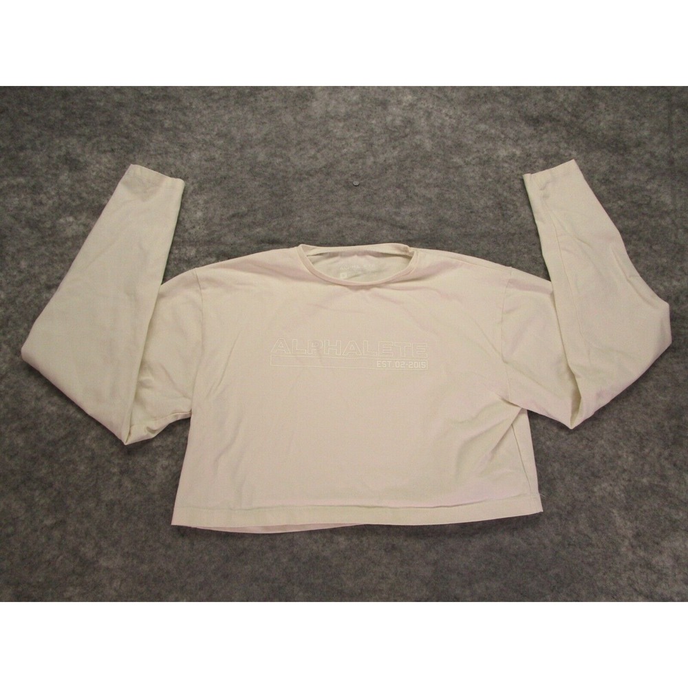 Alphalete‎ Shirt Womens Small Cream Crop Top Long Sleeve Stretch Spellout